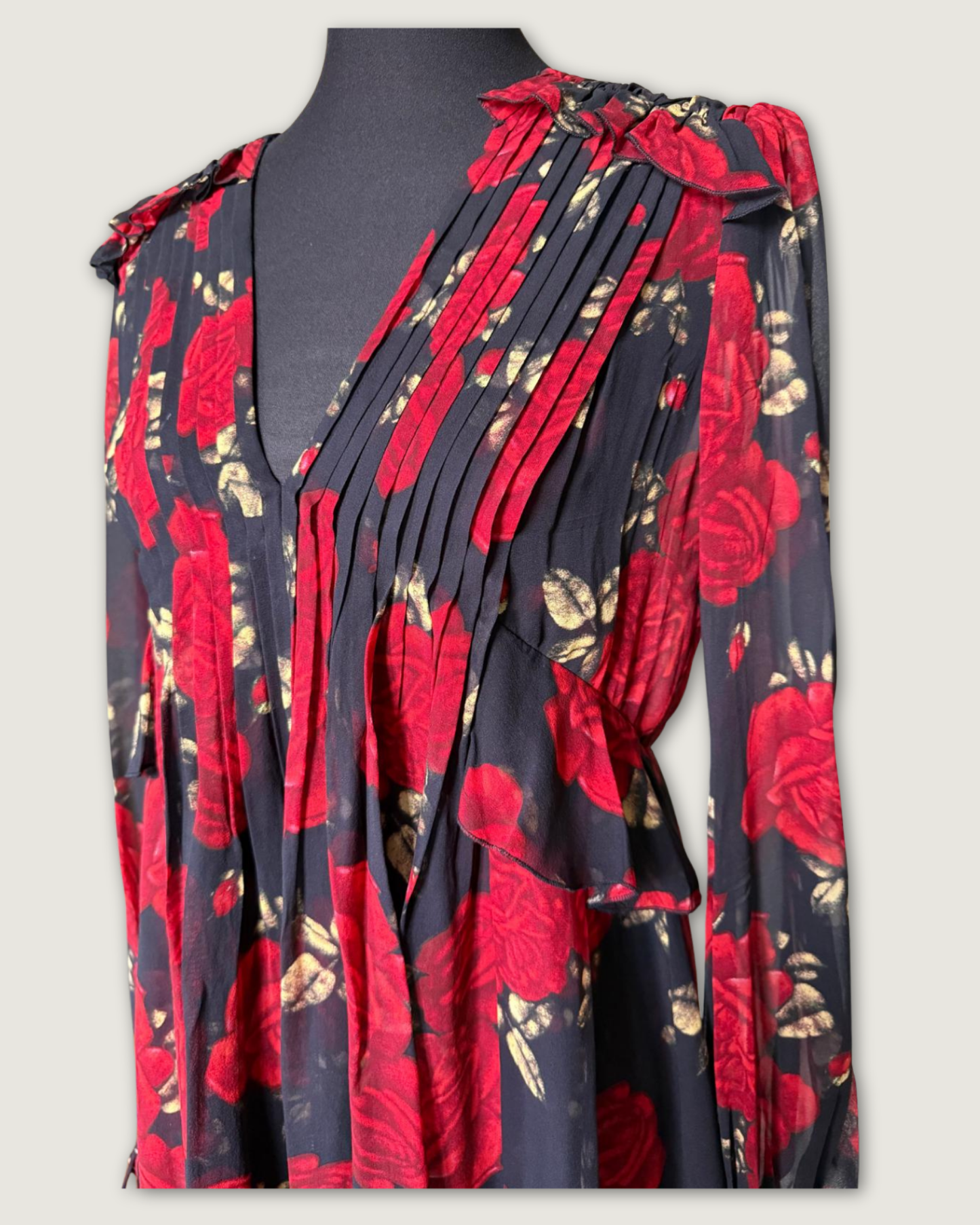 THE KOOPLES - ROBE SOIE IMPRIMEE FLEURS NOIR/ROUGE T.2