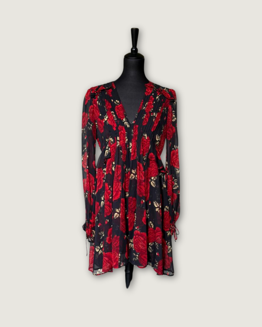 THE KOOPLES - ROBE SOIE IMPRIMEE FLEURS NOIR/ROUGE T.2